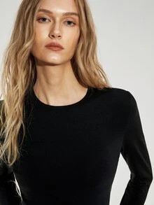 ATUI Studio Women's Solid Color Round Neck Long Sleeve Cropped Slim Fit Casual Minimalist Basic Simple T-Shirt Office Black Autumn - Black - View 2
