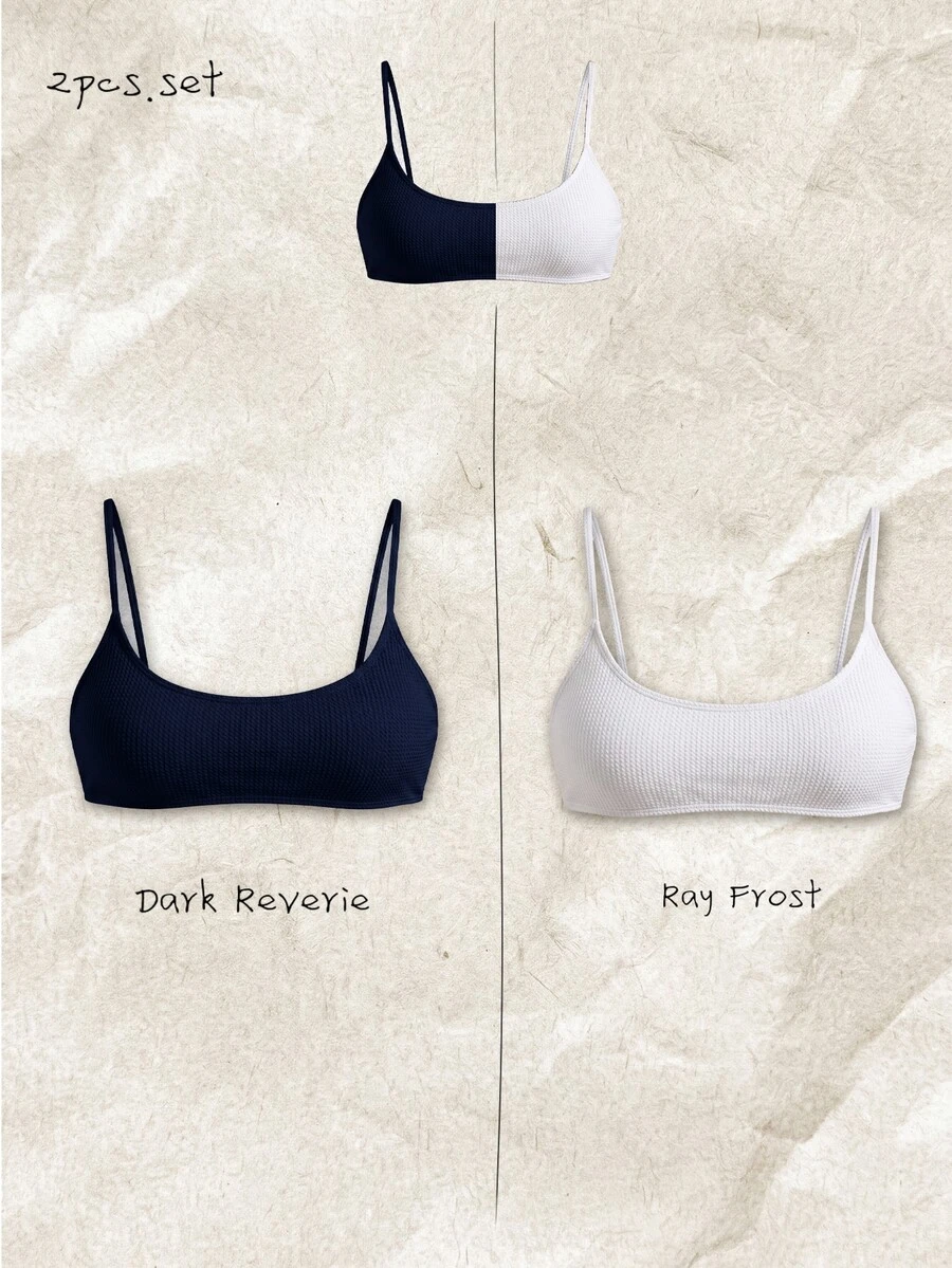 Elavelle Women's Spring/Summer Jacquard Fabric Spaghetti Strap 2-Piece Bikini Top Beach All White Navy Blue Casual Active - Black and White - View 1
