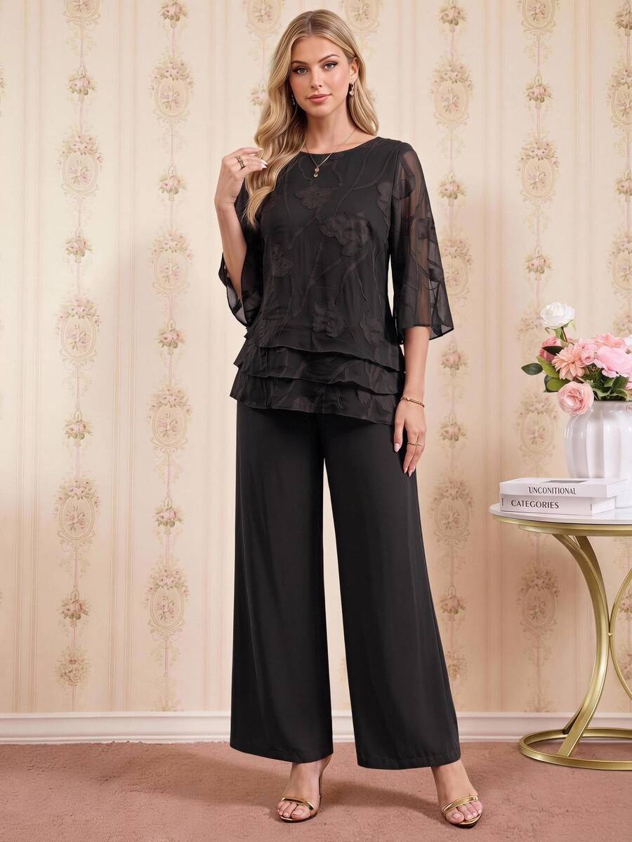 Amorya Women's Elegant 2 Pieces Set With Cut-Out Bell Sleeve Blouse And Wide Leg Pants Party Night Dinner Black Summer - Black - View 1