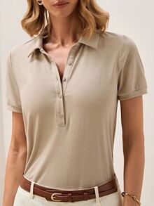 Briarwyn Summer Women's Solid Color Casual Versatile Daily Wear Short Sleeve Polo T-Shirt, Light Beige Top, Vacation, Commuting - Apricot - View 5