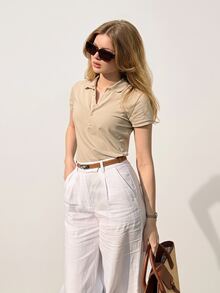 Briarwyn Summer Women's Solid Color Casual Versatile Daily Wear Short Sleeve Polo T-Shirt, Light Beige Top, Vacation, Commuting - Apricot - View 3