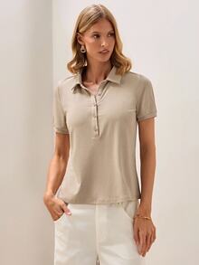Briarwyn Summer Women's Solid Color Casual Versatile Daily Wear Short Sleeve Polo T-Shirt, Light Beige Top, Vacation, Commuting - Apricot - View 4