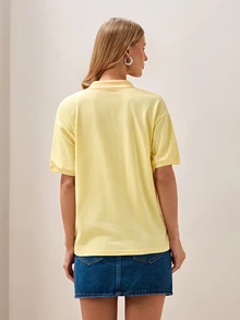 Briarwyn Summer Women's Fashion Button Half-Placket Horse Embroidered Short Sleeve T-Shirt Back-To-School Tennis Pale Yellow Top Casual Vacation - Light Yellow - View 4