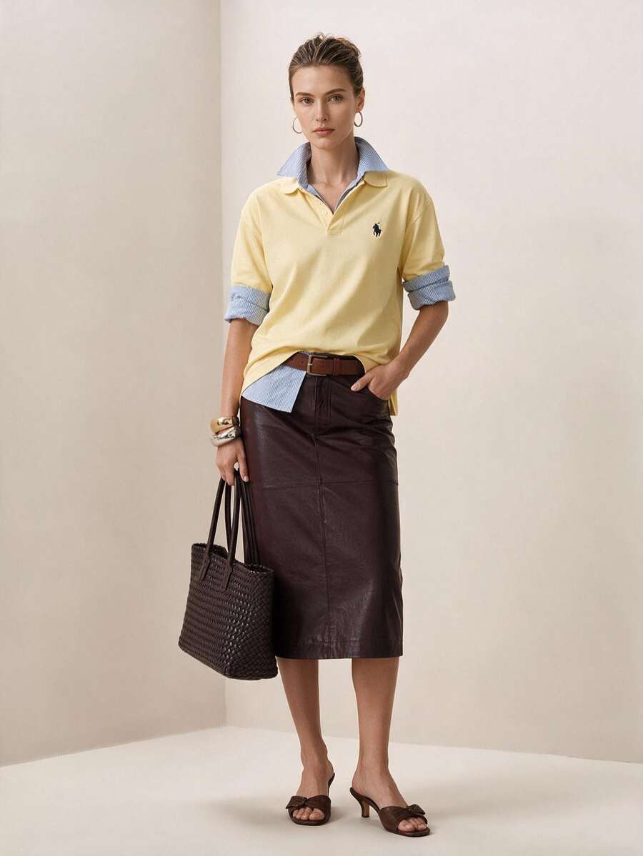 Briarwyn Summer Women's Fashion Button Half-Placket Horse Embroidered Short Sleeve T-Shirt Back-To-School Tennis Pale Yellow Top Casual Vacation - Light Yellow - View 1