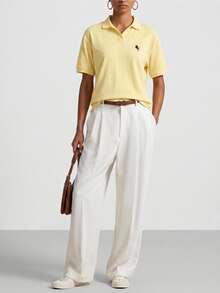 Briarwyn Summer Women's Fashion Button Half-Placket Horse Embroidered Short Sleeve T-Shirt Back-To-School Tennis Pale Yellow Top Casual Vacation - Light Yellow - View 2