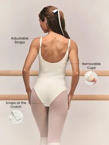 GLOWMODE FeatherFit™ Pointe Thong-Style Contouring Side Seams Adjustable Bodysuit With Removable Cups & Crotch Closure Barre Studio Daily Casual Balletcore - Apricot - View 3