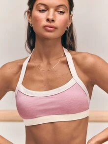 GLOWMODE FeatherFit™-CloudBlend Light & Lifted Two-Tone Open Back Halter Bra With Removable Cups Low Impact Barre Ballet Pilates Daily Casual - Pink - View 3