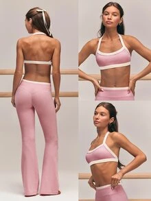 GLOWMODE FeatherFit™-CloudBlend Light & Lifted Two-Tone Open Back Halter Bra With Removable Cups Low Impact Barre Ballet Pilates Daily Casual - Pink - View 8