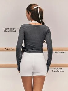 GLOWMODE FeatherFit™-CloudBlend Elegant Flow Hip Length Deep V-Neck Long Sleeve Wrap Top With Thumbholes Ballet Barre Studio Daily Casual Balletcore - Black - View 2