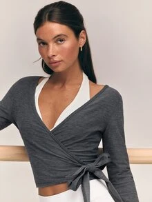 GLOWMODE FeatherFit™-CloudBlend Elegant Flow Hip Length Deep V-Neck Long Sleeve Wrap Top With Thumbholes Ballet Barre Studio Daily Casual Balletcore - Black - View 4