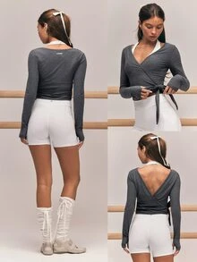 GLOWMODE FeatherFit™-CloudBlend Elegant Flow Hip Length Deep V-Neck Long Sleeve Wrap Top With Thumbholes Ballet Barre Studio Daily Casual Balletcore - Black - View 9