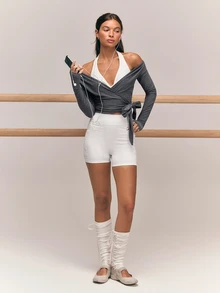 GLOWMODE FeatherFit™-CloudBlend Elegant Flow Hip Length Deep V-Neck Long Sleeve Wrap Top With Thumbholes Ballet Barre Studio Daily Casual Balletcore - Black - View 7