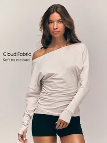 GLOWMODE Cloudknit Soft Motion 超柔軟彈性不對稱肩長袖上衣，抽褶腰部設計附拇指孔，適合芭蕾、皮拉提斯、日常休閒穿著 - 淺灰色 - 查看 1