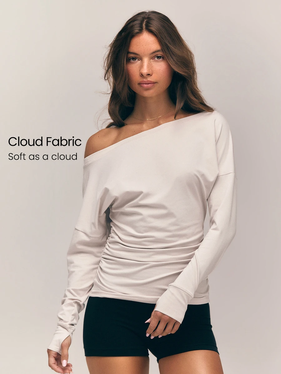 GLOWMODE Cloudknit Soft Motion 超柔軟彈性不對稱肩長袖上衣，抽褶腰部設計附拇指孔，適合芭蕾、皮拉提斯、日常休閒穿著 - 淺灰色 - 查看 1