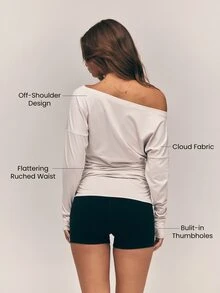 GLOWMODE Cloudknit Soft Motion 超柔軟彈性不對稱肩長袖上衣，抽褶腰部設計附拇指孔，適合芭蕾、皮拉提斯、日常休閒穿著 - 淺灰色 - 查看 2