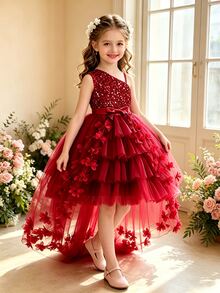 SHEIN Glamorique Kids 女童亮片不對稱領口蝴蝶結裝飾正式禮服 - 紅色 - 查看 7