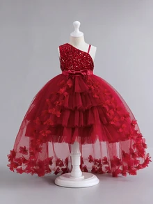 SHEIN Glamorique Kids 女童亮片不對稱領口蝴蝶結裝飾正式禮服 - 紅色 - 查看 8