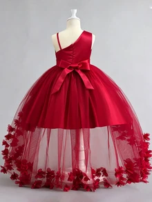 SHEIN Glamorique Kids 女童亮片不對稱領口蝴蝶結裝飾正式禮服 - 紅色 - 查看 9