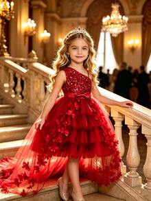 SHEIN Glamorique Kids 女童亮片不對稱領口蝴蝶結裝飾正式禮服 - 紅色 - 查看 5