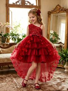SHEIN Glamorique Kids 女童亮片不對稱領口蝴蝶結裝飾正式禮服 - 紅色 - 查看 6
