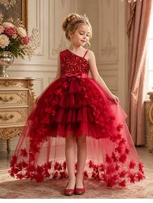 SHEIN Glamorique Kids 女童亮片不對稱領口蝴蝶結裝飾正式禮服 - 紅色 - 查看 10