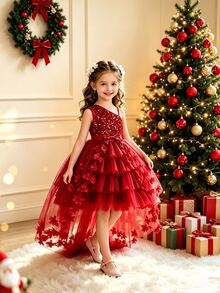 SHEIN Glamorique Kids 女童亮片不對稱領口蝴蝶結裝飾正式禮服 - 紅色 - 查看 4
