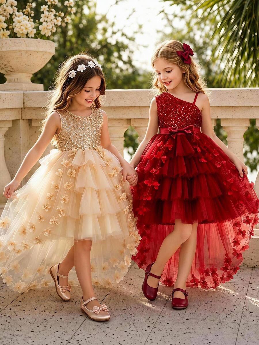 SHEIN Glamorique Kids 女童亮片不對稱領口蝴蝶結裝飾正式禮服