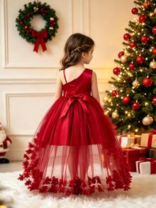 SHEIN Glamorique Kids 女童亮片不對稱領口蝴蝶結裝飾正式禮服 - 紅色 - 查看 3