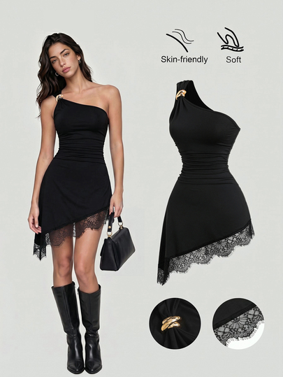Sweetra Vintage Romantic Young Lady Sexy Mature Style One-Shoulder Asymmetric Neckline Ruched Waist Bodycon Dress With Single Metal Buckle, Waist Pleats, Slimming Fit, Asymmetric Hemline, Eyelash Lace, Black, Spring Summer Autumn Women's Dress For Shopping, Dating, Evening Party, Small Occasions, Music Festival