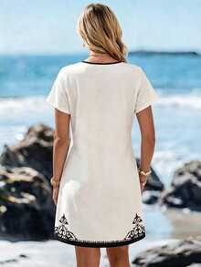 SHEIN LUNE Vestido corto minimalista casual con cuello en V para mujer, adecuado para primavera/verano - Multicolor - Ver 2