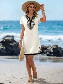 SHEIN LUNE Vestido corto minimalista casual con cuello en V para mujer, adecuado para primavera/verano - Multicolor - Ver 4
