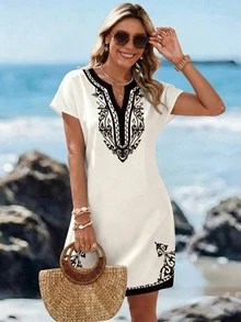 SHEIN LUNE Vestido corto minimalista casual con cuello en V para mujer, adecuado para primavera/verano - Multicolor - Ver 1