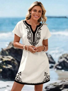 SHEIN LUNE Vestido corto minimalista casual con cuello en V para mujer, adecuado para primavera/verano - Multicolor - Ver 3