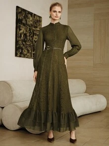 Arave Women Dress Slim A-Line Long Lace Chiffon High Neck Button Patchwork Ruffle Lantern Sleeve Elegant Vintage Formal Olive Green Solid Dress Commuting - Army Green - View 3