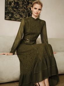 Arave Women Dress Slim A-Line Long Lace Chiffon High Neck Button Patchwork Ruffle Lantern Sleeve Elegant Vintage Formal Olive Green Solid Dress Commuting - Army Green - View 1
