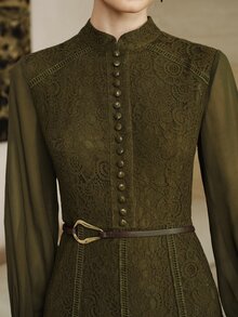 Arave Women Dress Slim A-Line Long Lace Chiffon High Neck Button Patchwork Ruffle Lantern Sleeve Elegant Vintage Formal Olive Green Solid Dress Commuting - Army Green - View 6