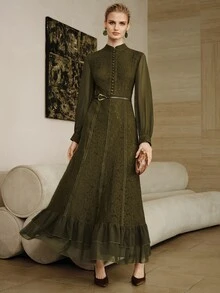 Arave Women Dress Slim A-Line Long Lace Chiffon High Neck Button Patchwork Ruffle Lantern Sleeve Elegant Vintage Formal Olive Green Solid Dress Commuting - Army Green - View 7