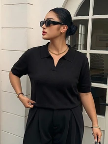 Dazy Plus Fun Commute Colorblock Patchwork Polo Collar Casual Short Sleeve Plus Size Women Spring Summer Knit Top - Black - View 1
