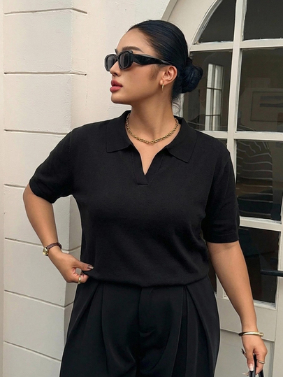 Dazy Plus Fun Commute Colorblock Patchwork Polo Collar Casual Short Sleeve Plus Size Women Spring Summer Knit Top