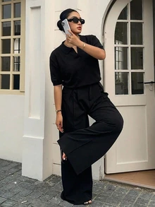 Dazy Plus Fun Commute Colorblock Patchwork Polo Collar Casual Short Sleeve Plus Size Women Spring Summer Knit Top - Black - View 5