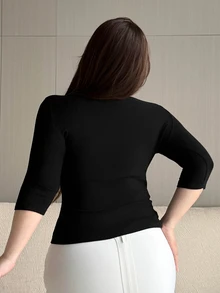 Dazy Plus Solid Color Elastic Fitted Casual Blogger Style Mock Neck 5-Sleeve Plus Size Women's Spring Summer Autumn Pullover Black T-Shirt - Black - View 2