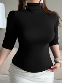 Dazy Plus Solid Color Elastic Fitted Casual Blogger Style Mock Neck 5-Sleeve Plus Size Women's Spring Summer Autumn Pullover Black T-Shirt - Black - View 1