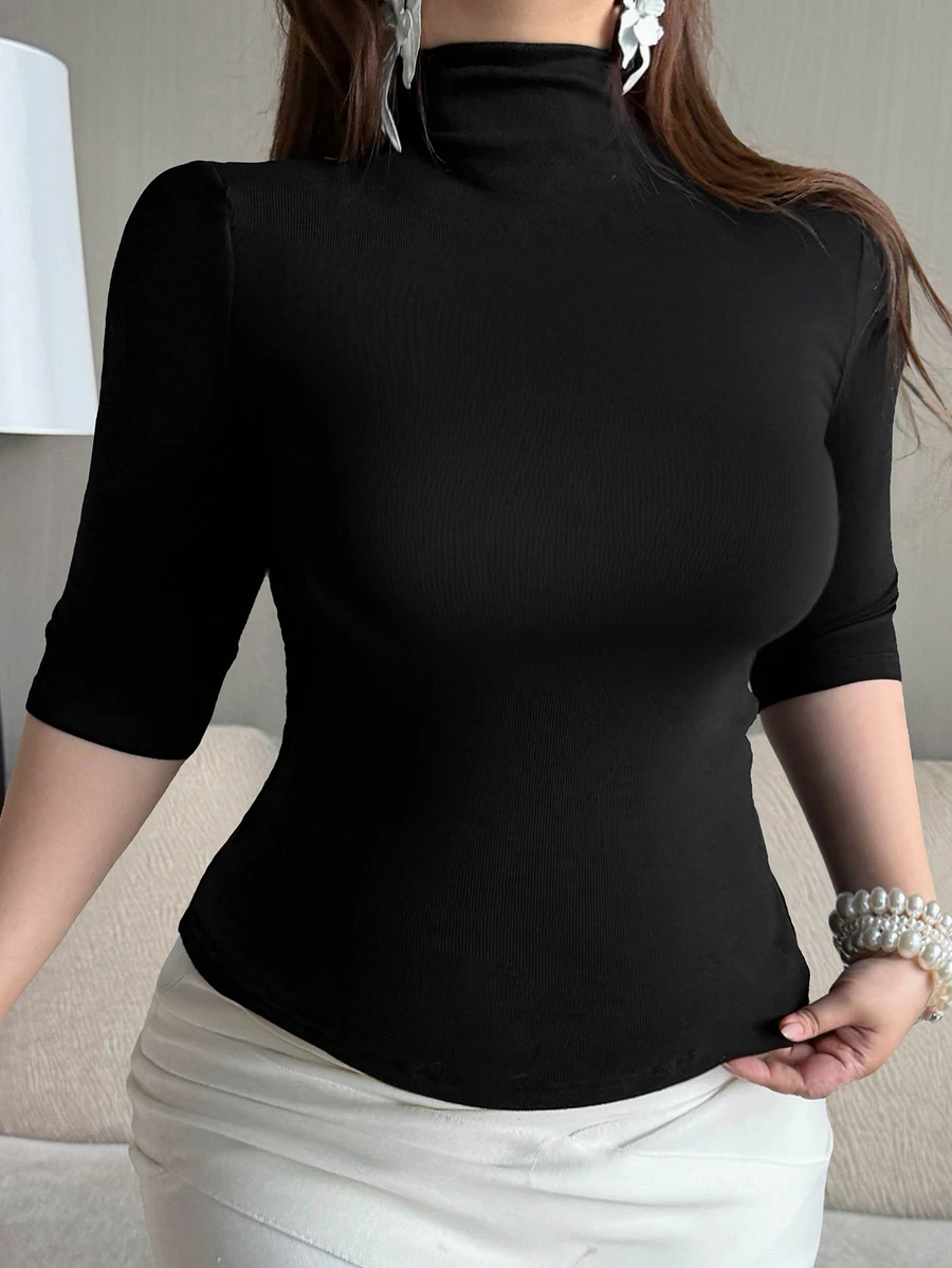 Dazy Plus Solid Color Elastic Fitted Casual Blogger Style Mock Neck 5-Sleeve Plus Size Women's Spring Summer Autumn Pullover Black T-Shirt - Black - View 1