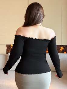 Dazy Plus Plus Size Elastic Fitted Off-Shoulder Pure Sexy Cropped Black Versatile Hot Girl Spring Summer Autumn Long Sleeve T-Shirt - Black - View 4