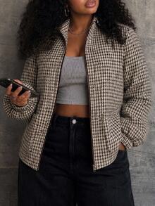 Dazy Plus Plus Size Thermal-Lined Wool Blend Loose Fit Business Casual Argyle Pattern Brown Colorblock Patchwork Outdoor Streetwear Regular Jacket Fall Plaid - Brown - View 4
