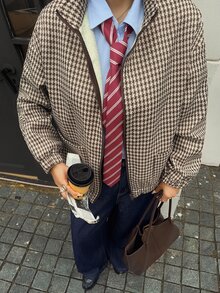 Dazy Plus Plus Size Thermal-Lined Wool Blend Loose Fit Business Casual Argyle Pattern Brown Colorblock Patchwork Outdoor Streetwear Regular Jacket Fall Plaid - Brown - View 8