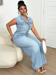 Dazy Plus Fashionable Faded Light Blue Washed Denim Jumpsuit, Casual Plus Size Women Spring/Summer Vacation Western Style - Light Wash - View 5