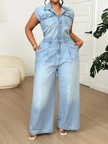 Dazy Plus Fashionable Faded Light Blue Washed Denim Jumpsuit, Casual Plus Size Women Spring/Summer Vacation Western Style - Light Wash - View 7