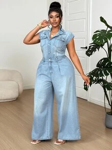 Dazy Plus Fashionable Faded Light Blue Washed Denim Jumpsuit, Casual Plus Size Women Spring/Summer Vacation Western Style - Light Wash - View 4