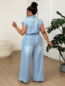 Dazy Plus Fashionable Faded Light Blue Washed Denim Jumpsuit, Casual Plus Size Women Spring/Summer Vacation Western Style - Light Wash - View 3
